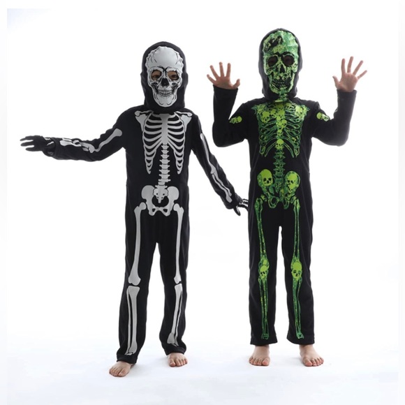 Kids Skeleton Halloween Costume Glow in Dark Mask & Jumpsuit Dia Los Muertos NEW - Picture 4 of 6